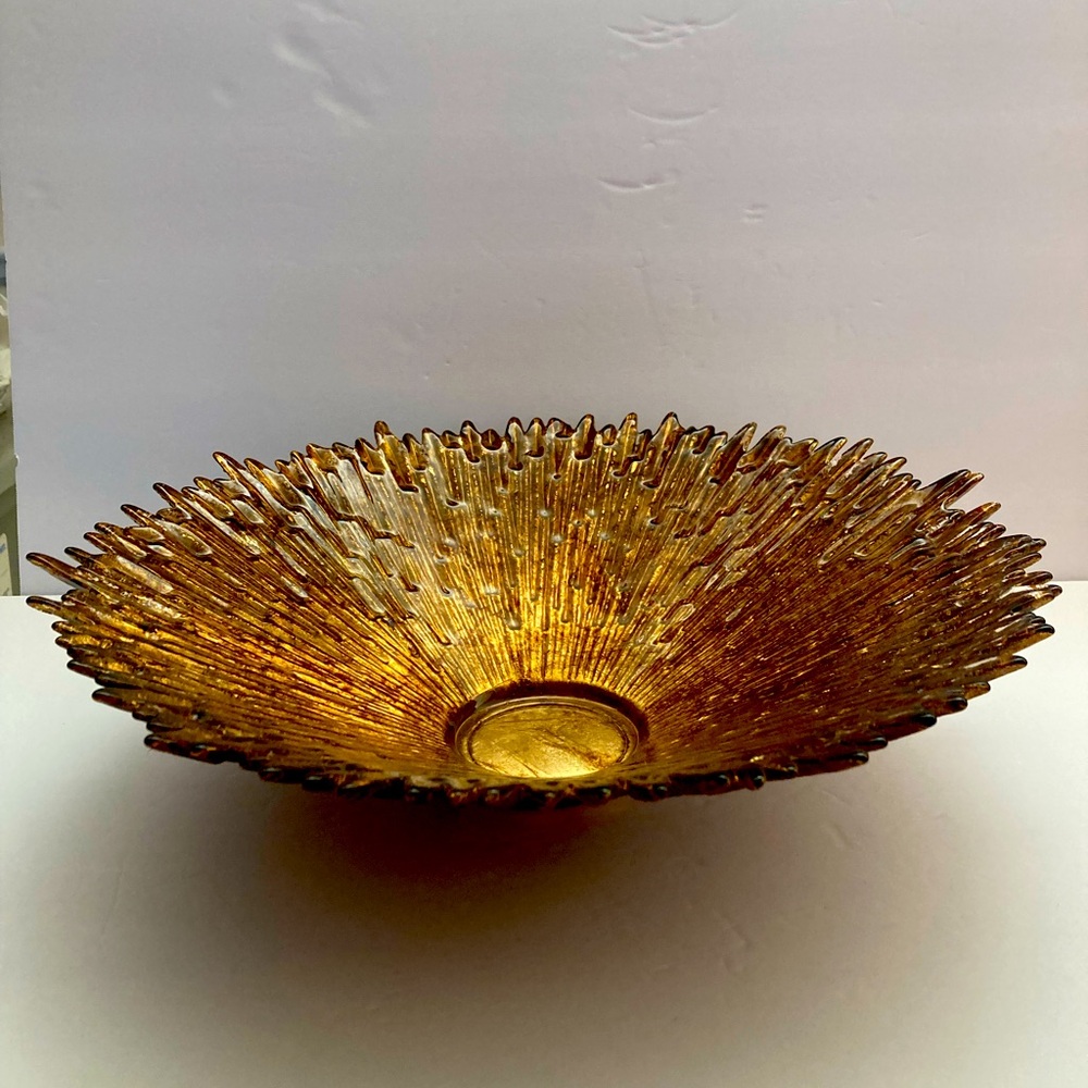🔥 Rare Vintage MCM Lg Gold & Bronze Icicle Art Glass Decorative Centerpiece Bowl